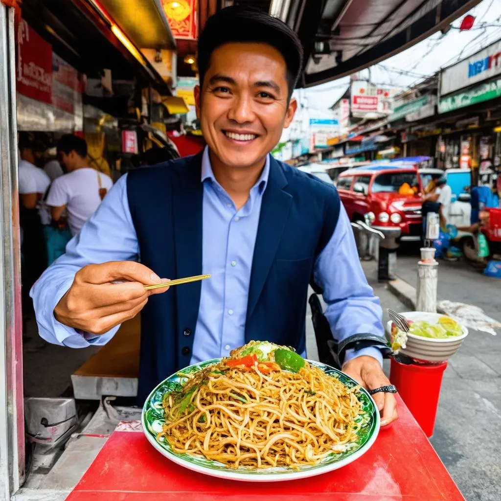 business traveler enjoying street food